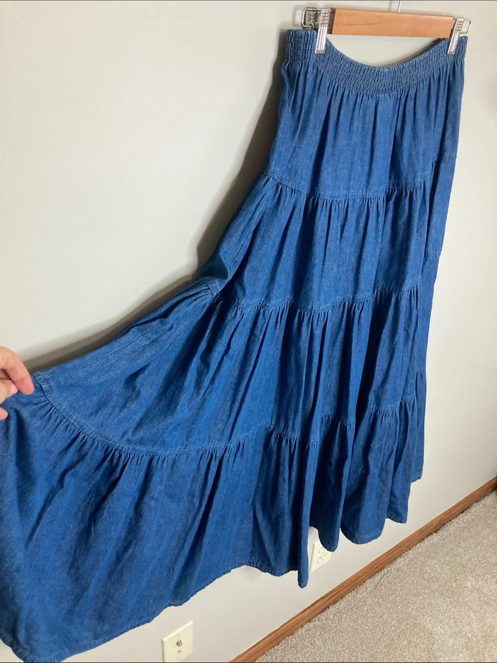 Willowbend Vintage Cotton Elastic-Waist Tiered Denim Maxi Skirt, Size Medium